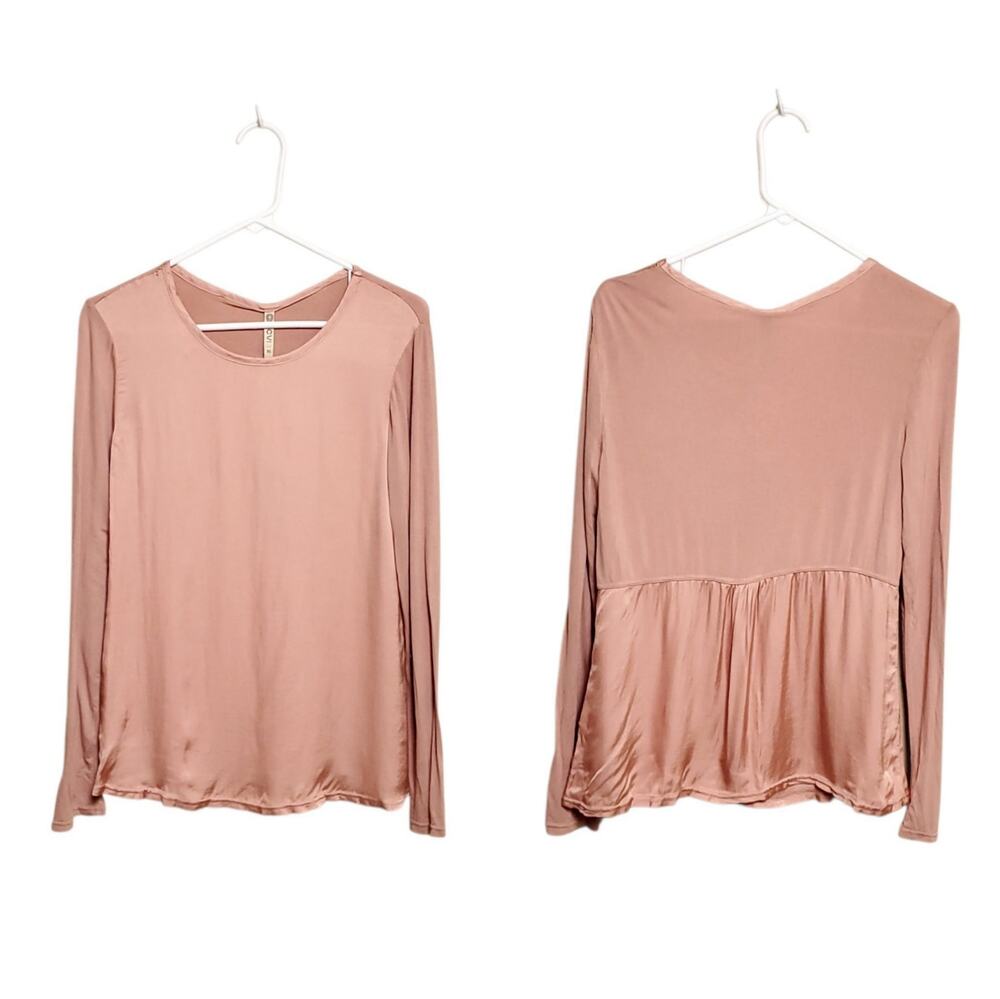NWT XCVI Satin Champaign Rose Coquette Mixed Media Long Sleeve Soft Stretchy Top